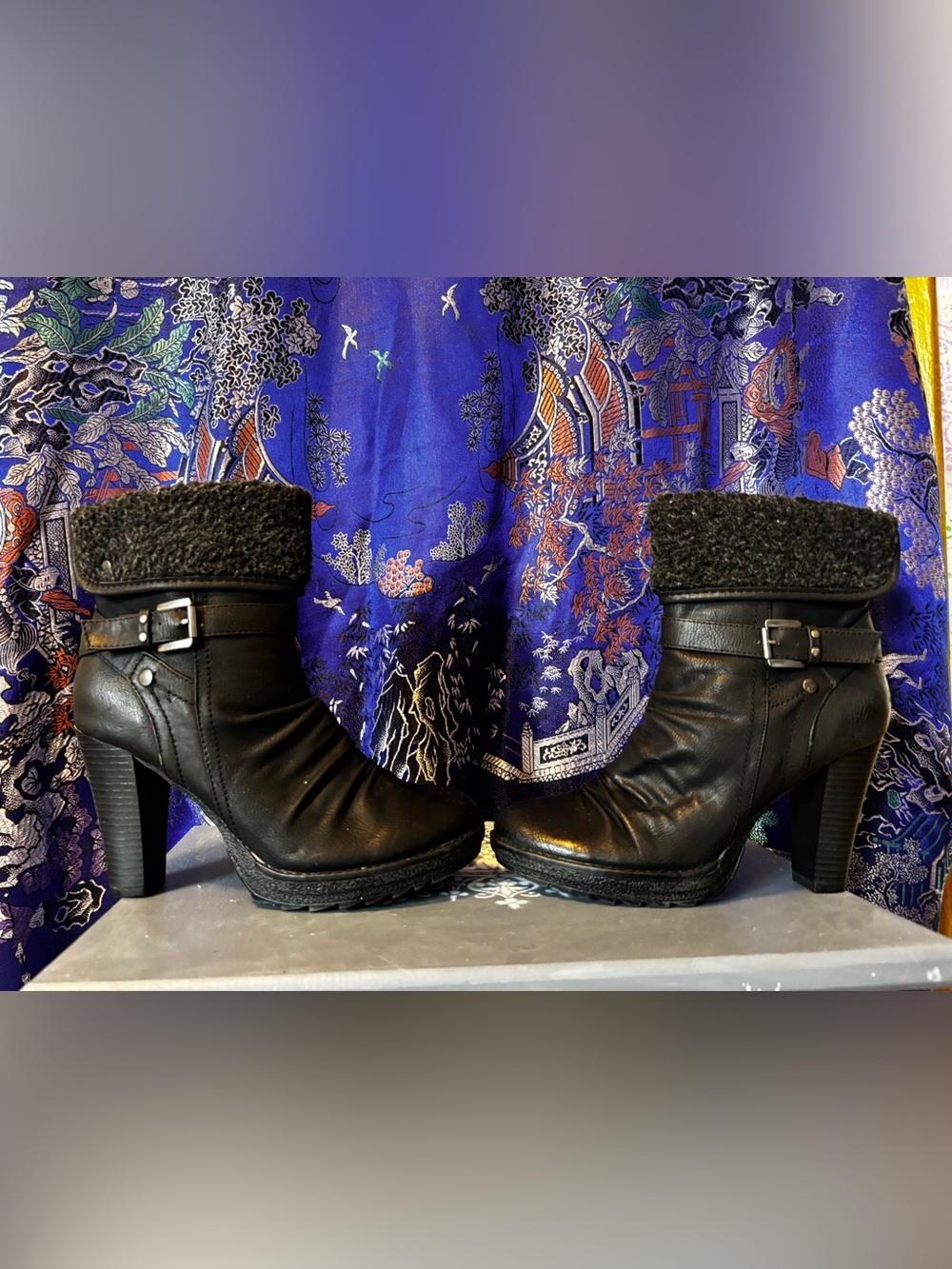 Women's Black Faux-Fur Cuff High Heel Ankle Boots
